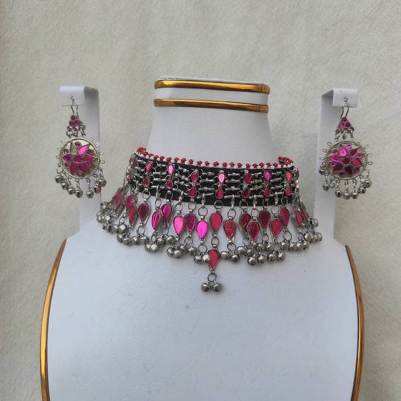 Pink beaded choker set -handmade afghani necklace and earrings set - Picture 5 of 10